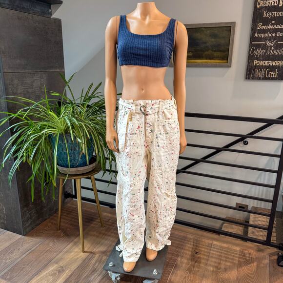 Free People Belted Painter Pants Ecru Utility Paint Splatter Slouchy Cargo SZ 6 - Picture 2 of 14